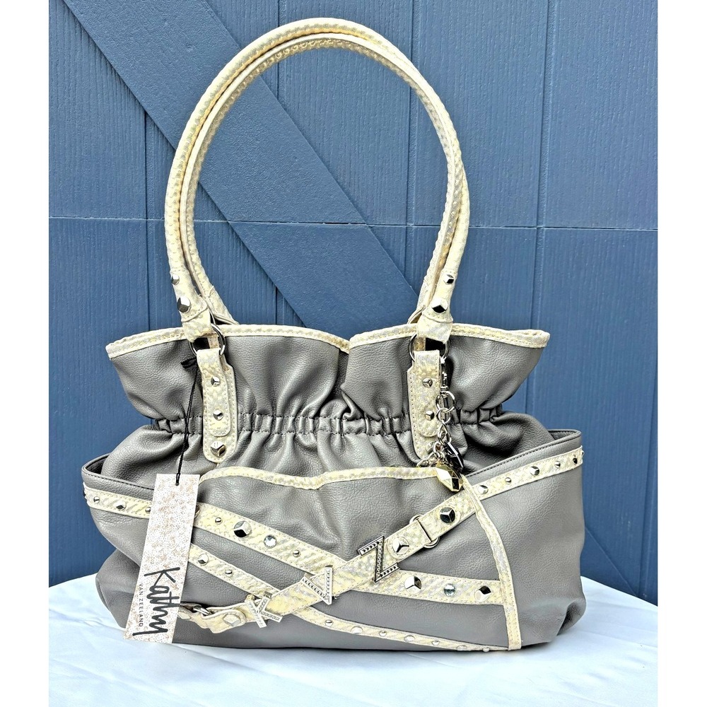 Kathy Van Zeeland Belted Shopper Shoulder Bag Shadow Grey Signature‎ New McBling